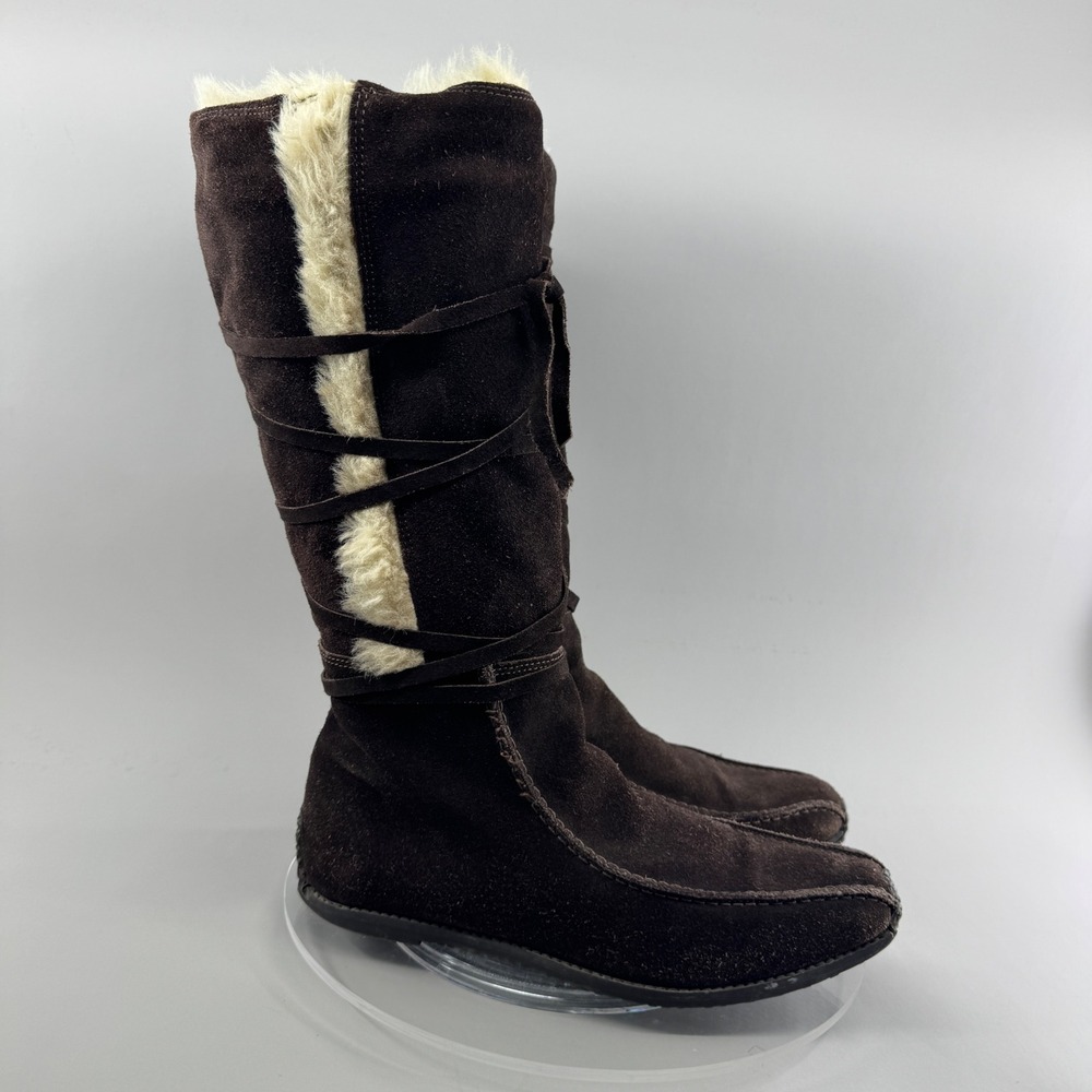 Cami Womens Tall Suede Boots Faux Fur Trim Side Zip Dark Brown Size 10